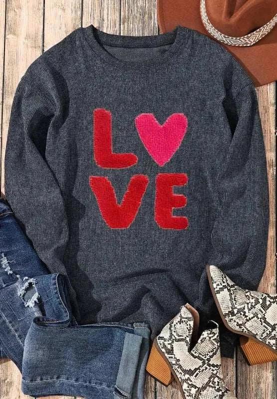 Valentine’s Day LOVE gray round neck long sleeve sweatshirt with red and pink lettering
