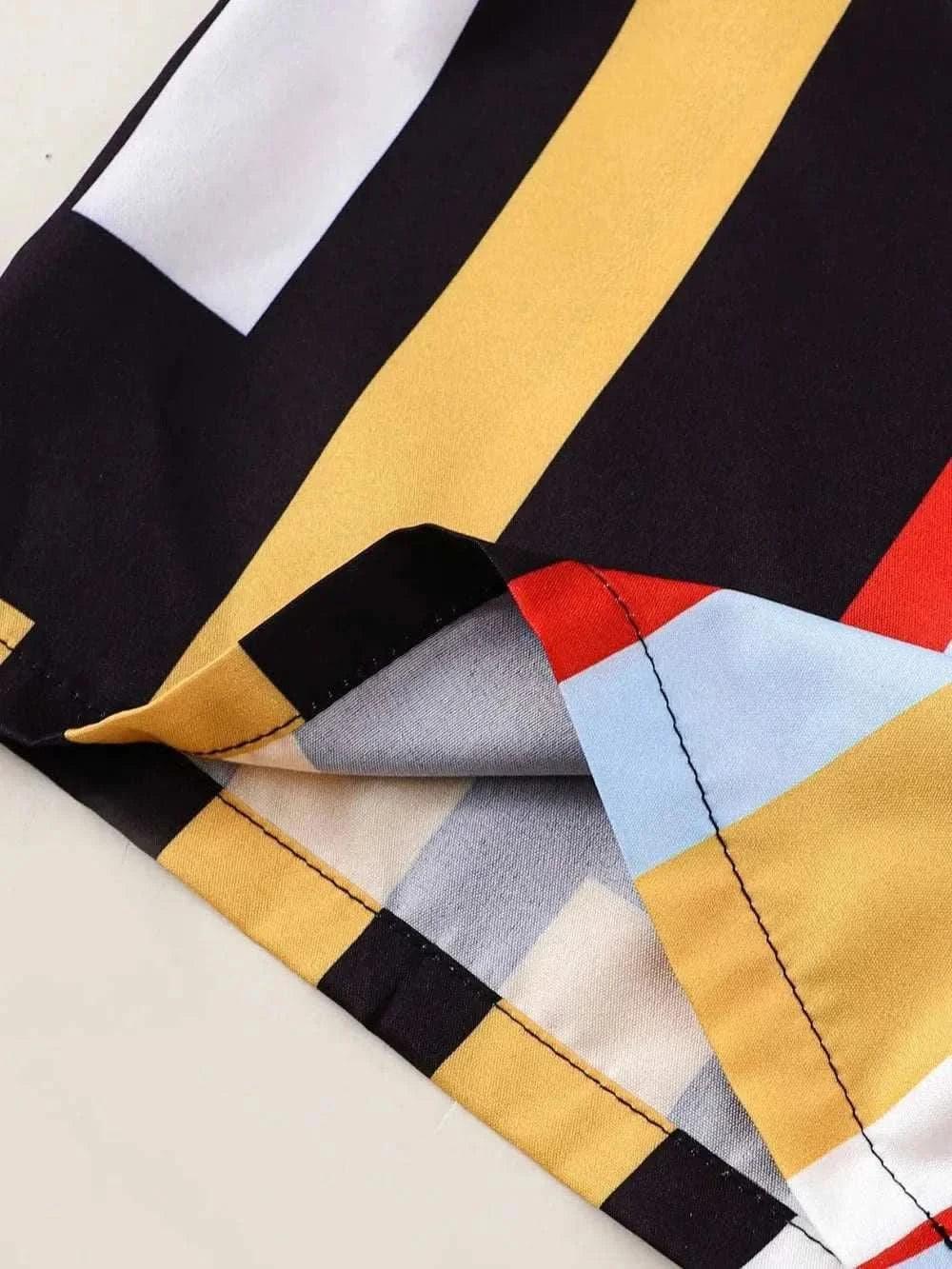Close-up of colorful fabric with bold stripes from children's ruffled spaghetti strap top and pants set made of 100% polyester