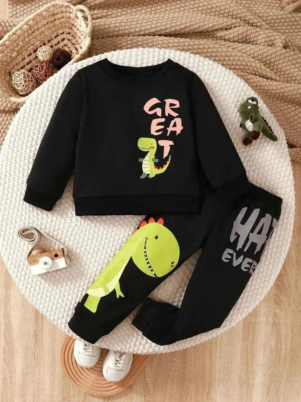 Children's dinosaur sweatshirt and pants set with black fabric and colorful graphic print