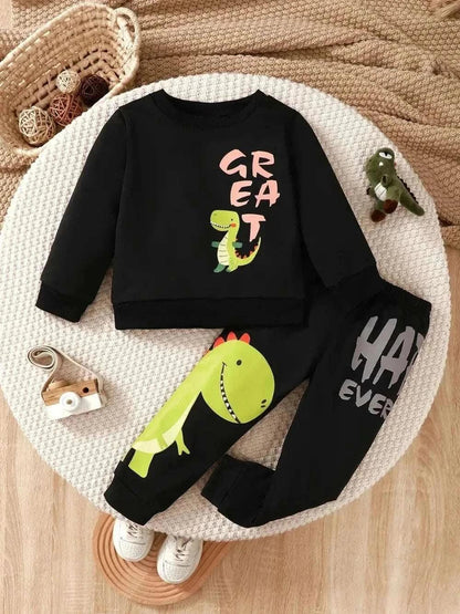 Children's dinosaur sweatshirt and pants set with black fabric and colorful graphic print