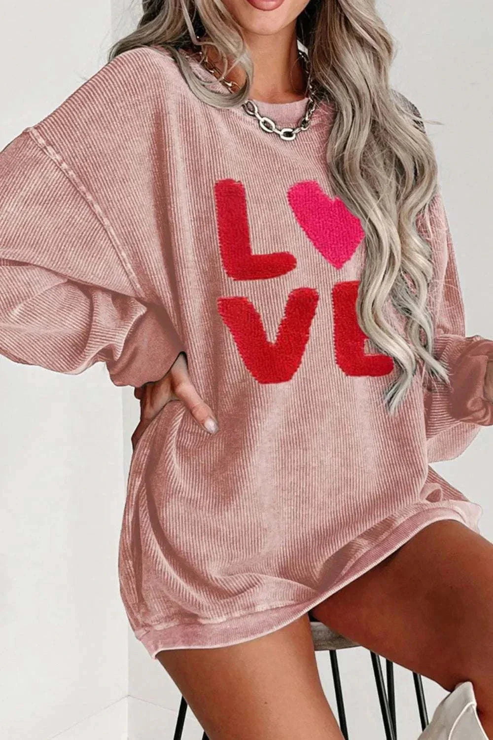 Valentine’s Day LOVE pink round neck long sleeve sweatshirt with red and heart design