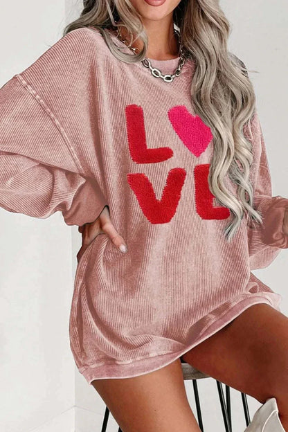 Valentine’s Day LOVE pink round neck long sleeve sweatshirt with red and heart design