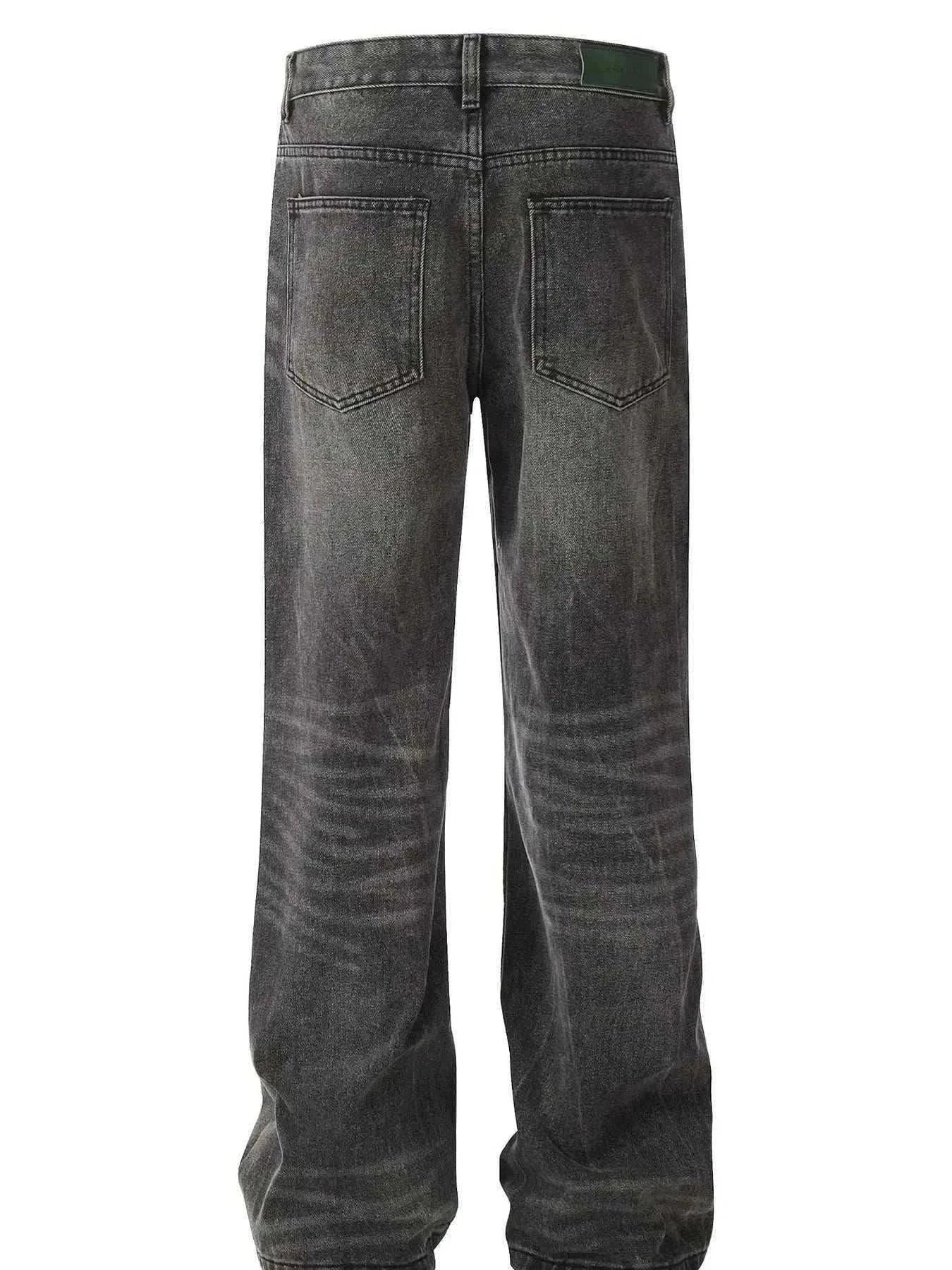 Back view of men's wide leg jeans in washed black with cat's whisker detailing, made of 95% cotton and 5% polyester with slight stretch.