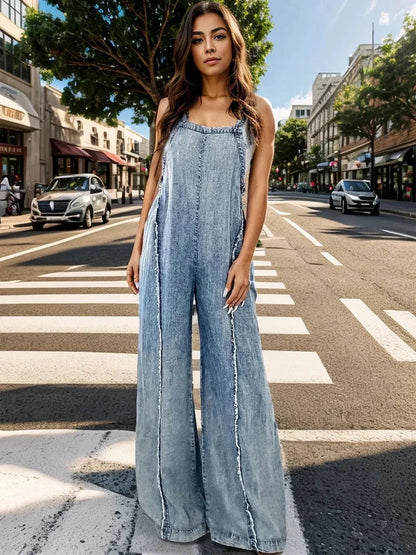 Adjustable Strap Wide Leg Denim Overalls - VILLA FASHION