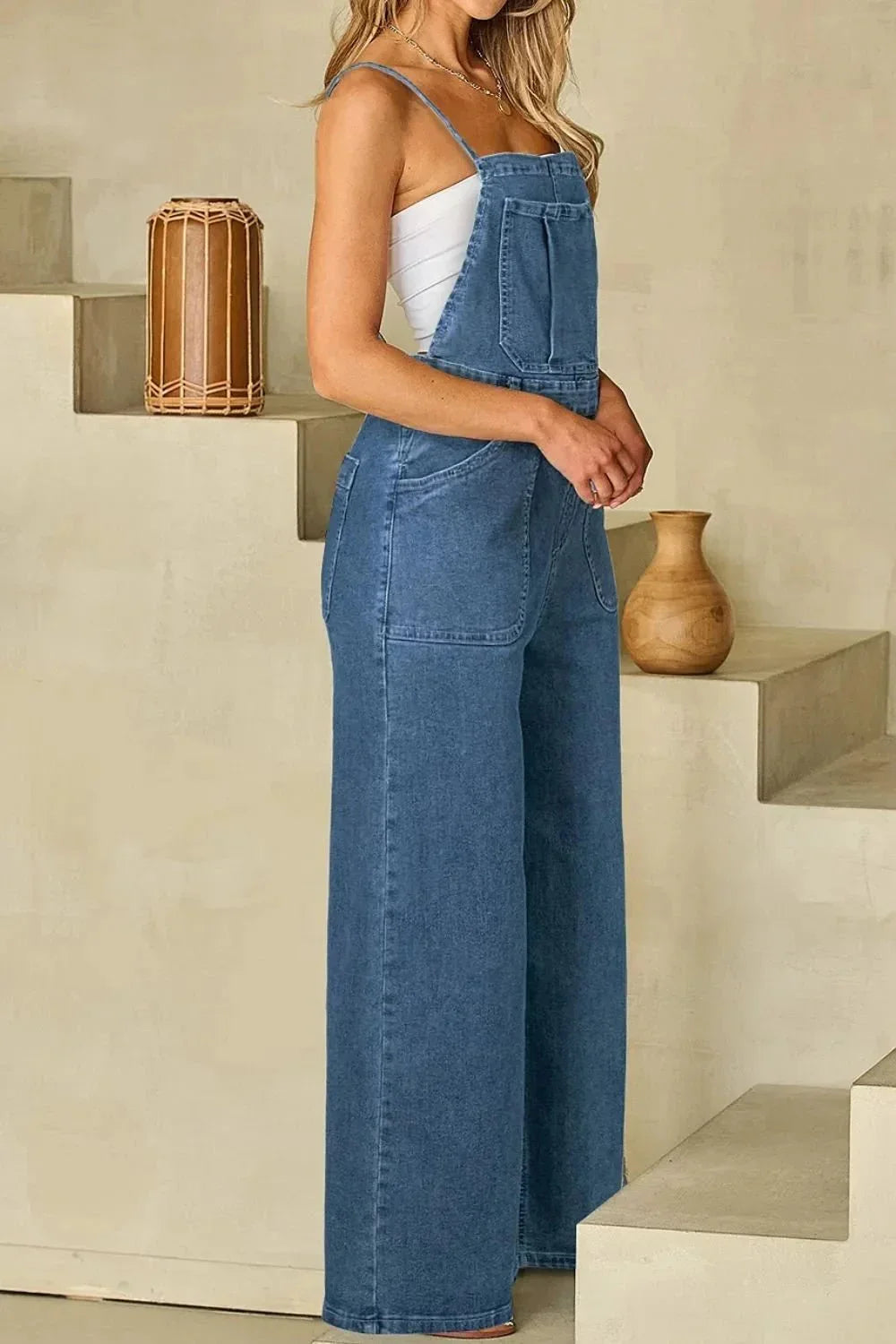 Adjustable Tie Straps Wide Leg Denim Overalls - VILLA FASHION