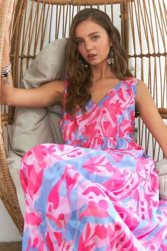 ADORA Abstract Floral V - Neck Maxi Dress - VILLA FASHION