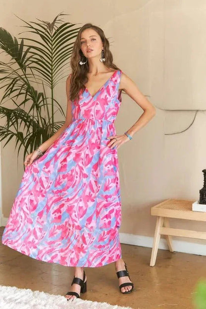 ADORA Abstract Floral V - Neck Maxi Dress - VILLA FASHION