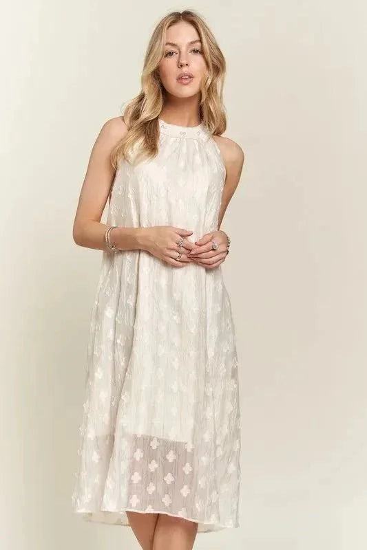 ADORA Applique Pearl Detail Grecian Neck Midi Dress - VILLA FASHION