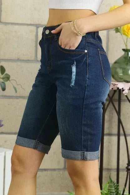 ADORA Distressed Denim Shorts with Pockets - VILLA FASHION
