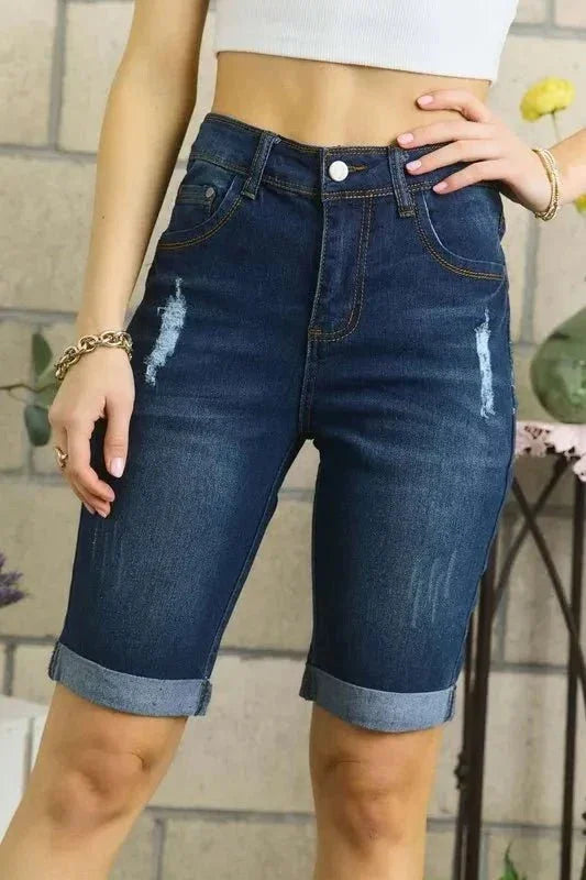ADORA Distressed Denim Shorts with Pockets - VILLA FASHION