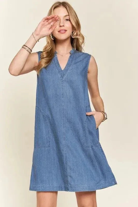 ADORA Notched Sleeveless Denim Dress with Pockets - VILLA FASHION
