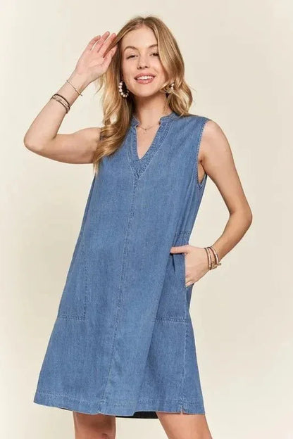 ADORA Notched Sleeveless Denim Dress with Pockets - VILLA FASHION