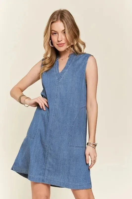ADORA Notched Sleeveless Denim Dress with Pockets - VILLA FASHION