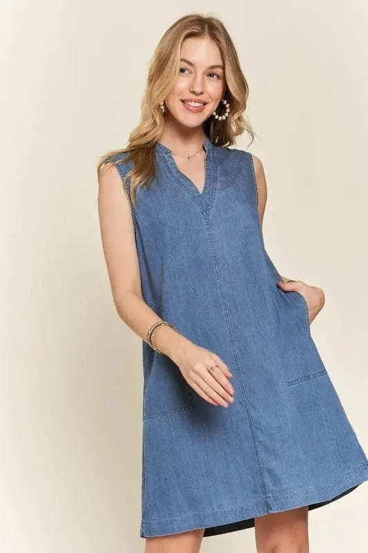ADORA Notched Sleeveless Denim Dress with Pockets - VILLA FASHION