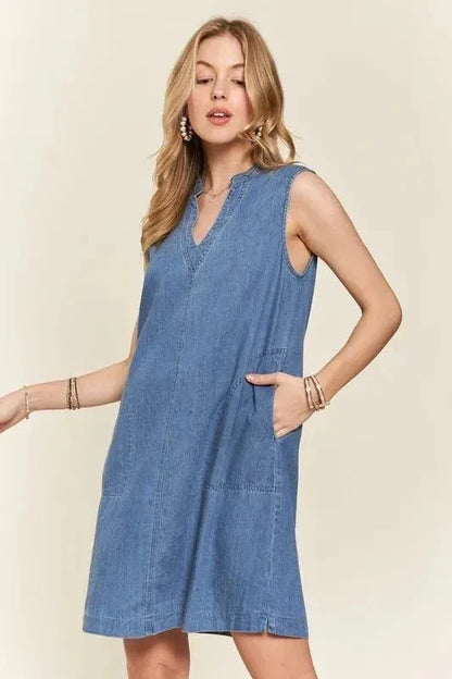 ADORA Notched Sleeveless Denim Dress with Pockets - VILLA FASHION