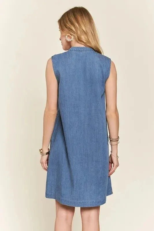 ADORA Notched Sleeveless Denim Dress with Pockets - VILLA FASHION