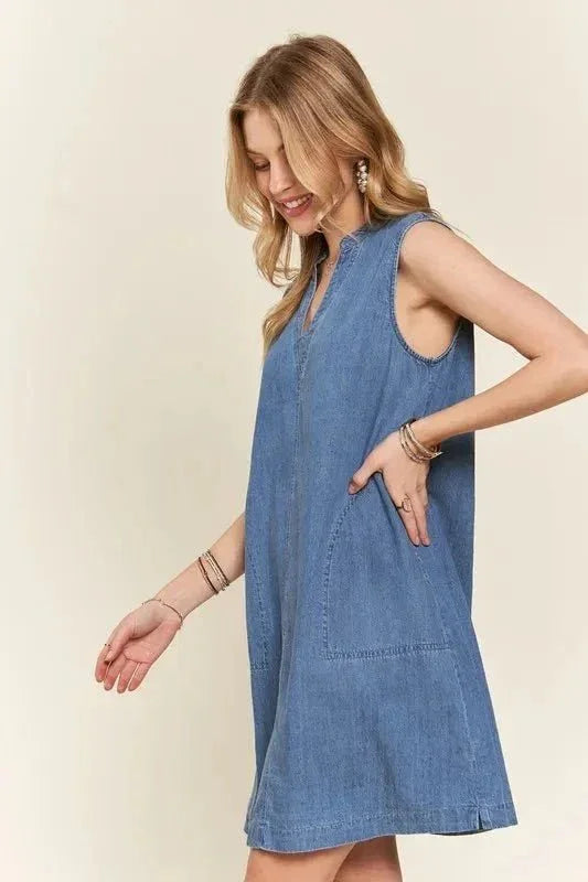 ADORA Notched Sleeveless Denim Dress with Pockets - VILLA FASHION