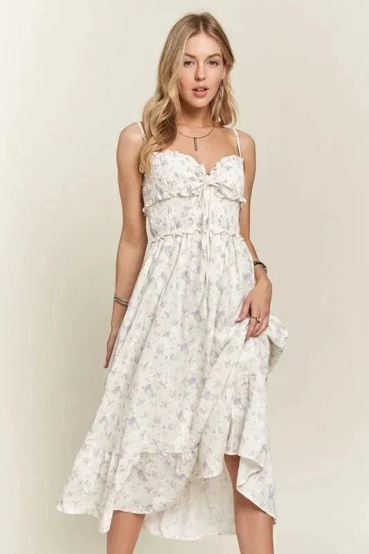 ADORA Smocked Floral Sweetheart Neck Cami Dress - VILLA FASHION