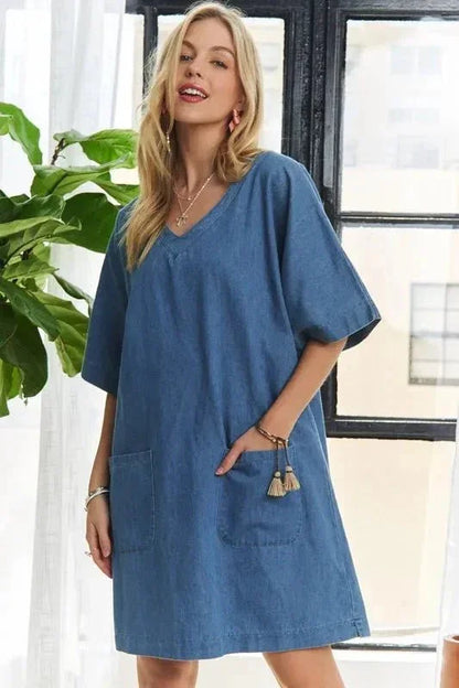 ADORA V - Neck Half Sleeve Mini Denim Dress - VILLA FASHION