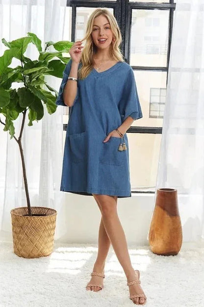 ADORA V - Neck Half Sleeve Mini Denim Dress - VILLA FASHION