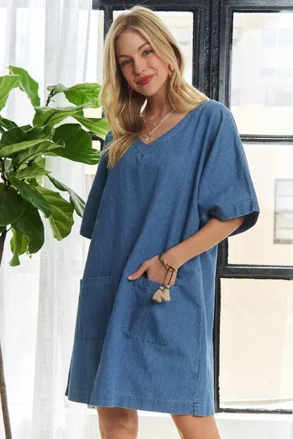 ADORA V - Neck Half Sleeve Mini Denim Dress - VILLA FASHION