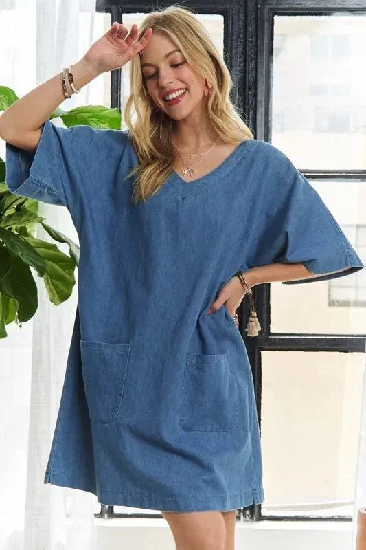 ADORA V - Neck Half Sleeve Mini Denim Dress - VILLA FASHION