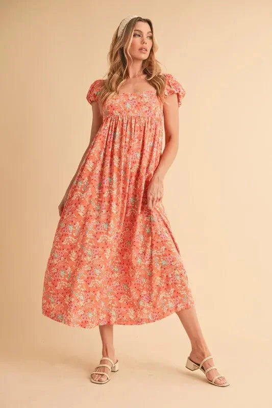 Aemi + Co Cutout Back Floral Square Neck Puff Sleeve Midi Dress - VILLA FASHION