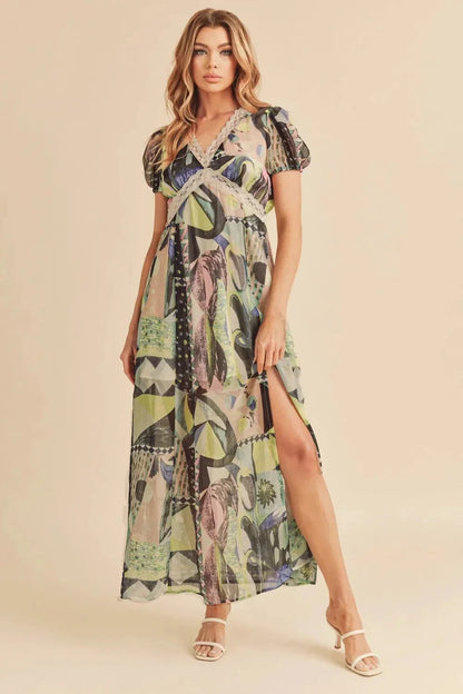 Aemi + Co Lace Detail Slit Geometric Print Short Sleeve Maxi Dress - VILLA FASHION