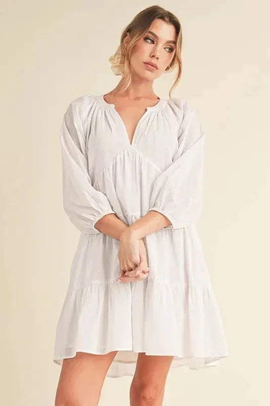Aemi + Co Notched Balloon Sleeve Tiered Mini Dress - VILLA FASHION