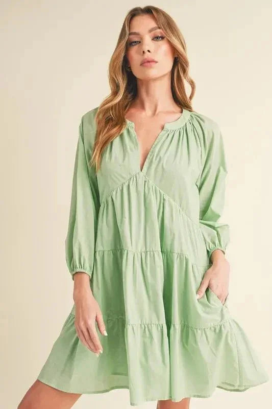 Aemi + Co Notched Balloon Sleeve Tiered Mini Dress - VILLA FASHION