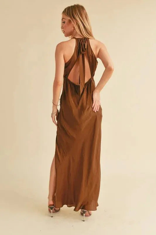 Aemi + Co Ruched Side Slit Cutout Back Maxi Cami Dress - VILLA FASHION