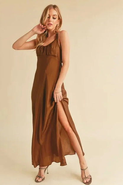 Aemi + Co Ruched Side Slit Cutout Back Maxi Cami Dress - VILLA FASHION