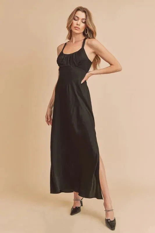 Aemi + Co Ruched Side Slit Cutout Back Maxi Cami Dress - VILLA FASHION