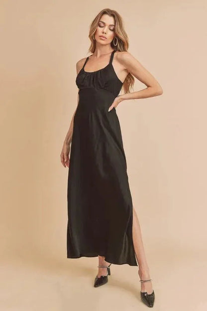 Aemi + Co Ruched Side Slit Cutout Back Maxi Cami Dress - VILLA FASHION
