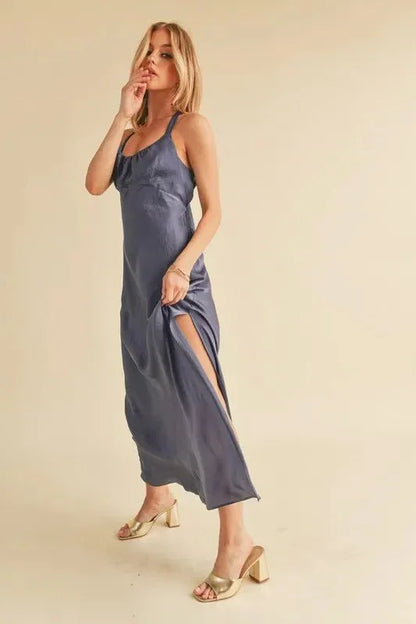 Aemi + Co Ruched Side Slit Cutout Back Maxi Cami Dress - VILLA FASHION
