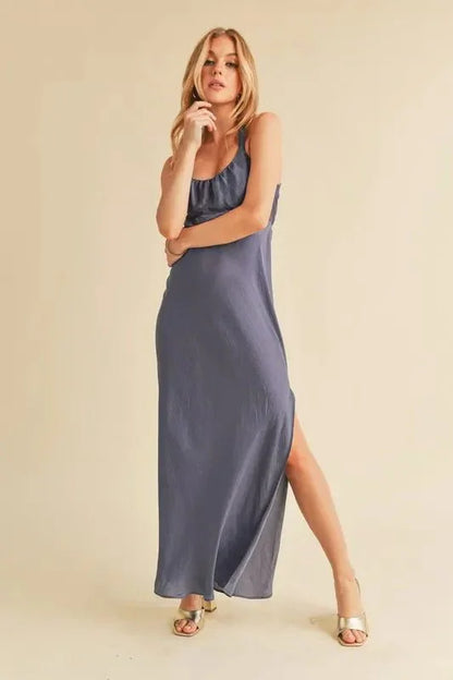Aemi + Co Ruched Side Slit Cutout Back Maxi Cami Dress - VILLA FASHION