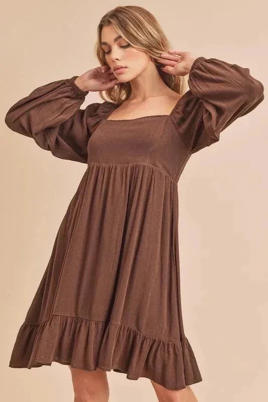 Aemi + Co Ruffled Hem Square Neck Balloon Sleeve Mini Dress - VILLA FASHION