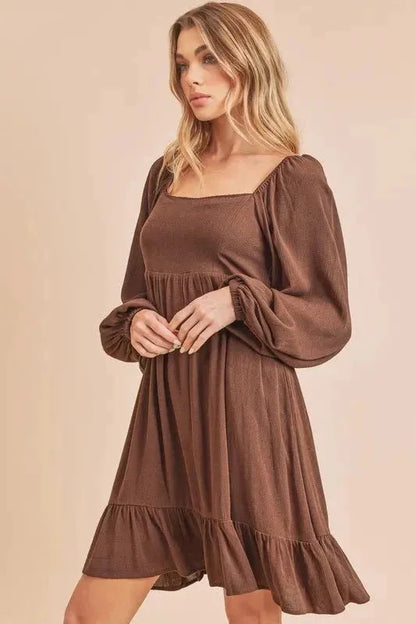 Aemi + Co Ruffled Hem Square Neck Balloon Sleeve Mini Dress - VILLA FASHION