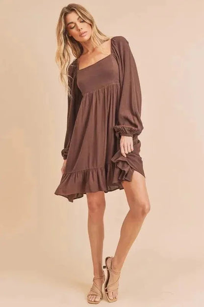 Aemi + Co Ruffled Hem Square Neck Balloon Sleeve Mini Dress - VILLA FASHION