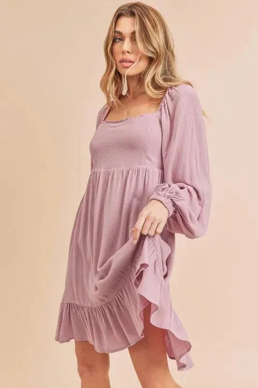 Aemi + Co Ruffled Hem Square Neck Balloon Sleeve Mini Dress - VILLA FASHION