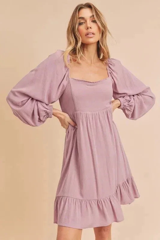 Aemi + Co Ruffled Hem Square Neck Balloon Sleeve Mini Dress - VILLA FASHION