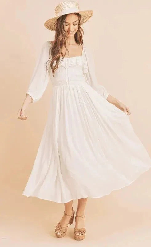 Aemi + Co Ruffled Smocked Square Neck Balloon Sleeve Dress - VILLA FASHION