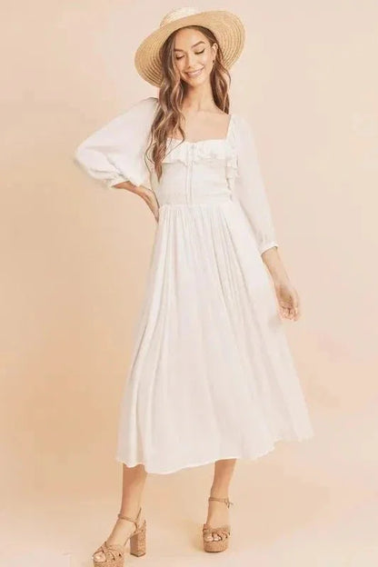 Aemi + Co Ruffled Smocked Square Neck Balloon Sleeve Dress - VILLA FASHION