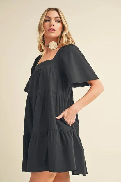 Aemi + Co Square Neck Half Sleeve Tiered Dress - VILLA FASHION