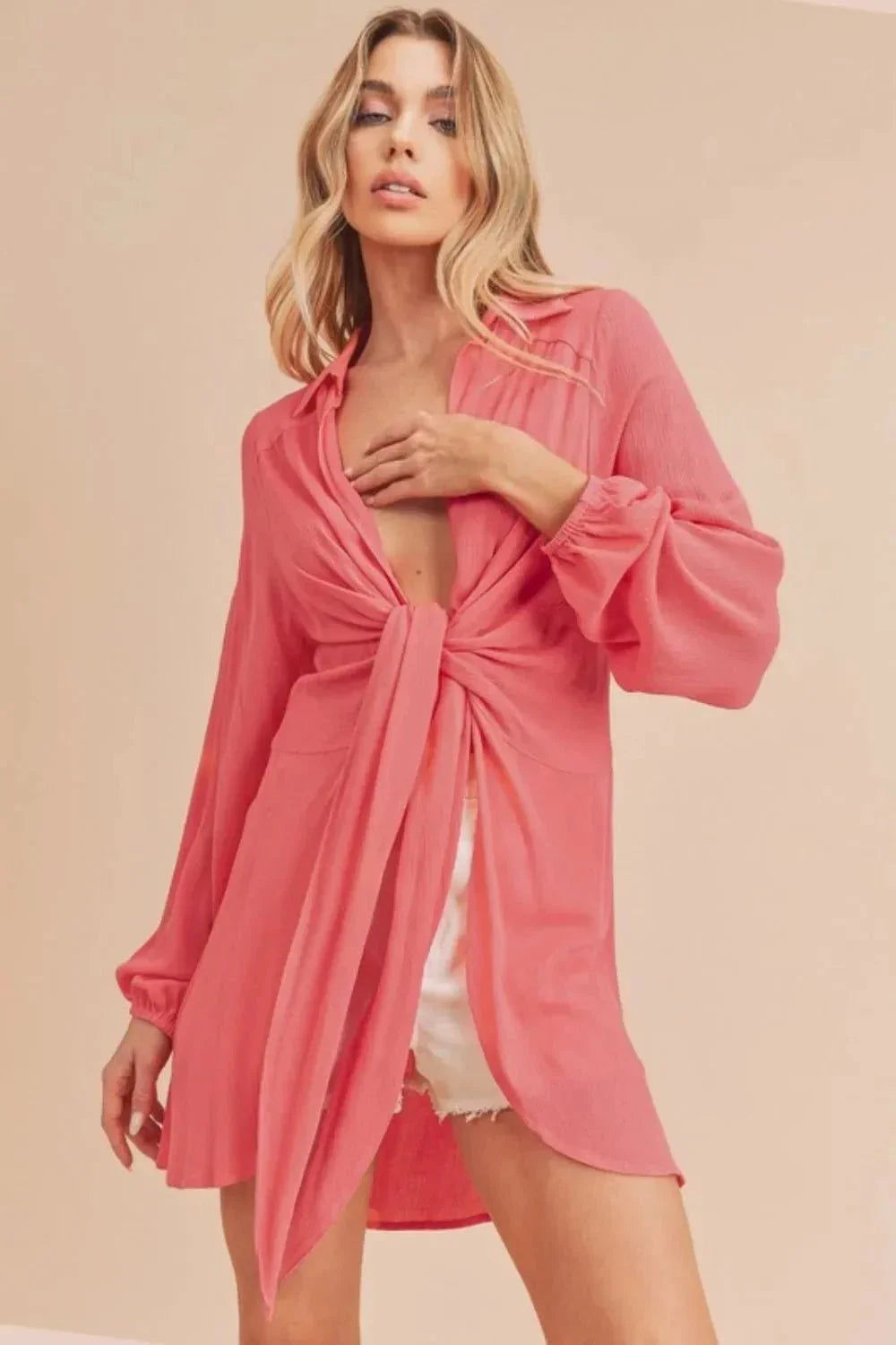 Aemi + Co Tied Collared Neck Long Sleeve Top - VILLA FASHION