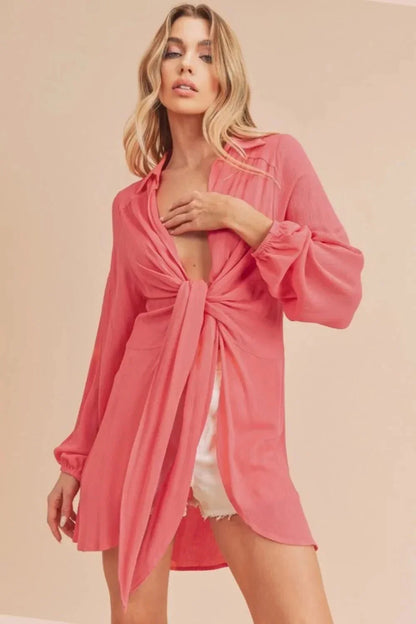 Aemi + Co Tied Collared Neck Long Sleeve Top - VILLA FASHION