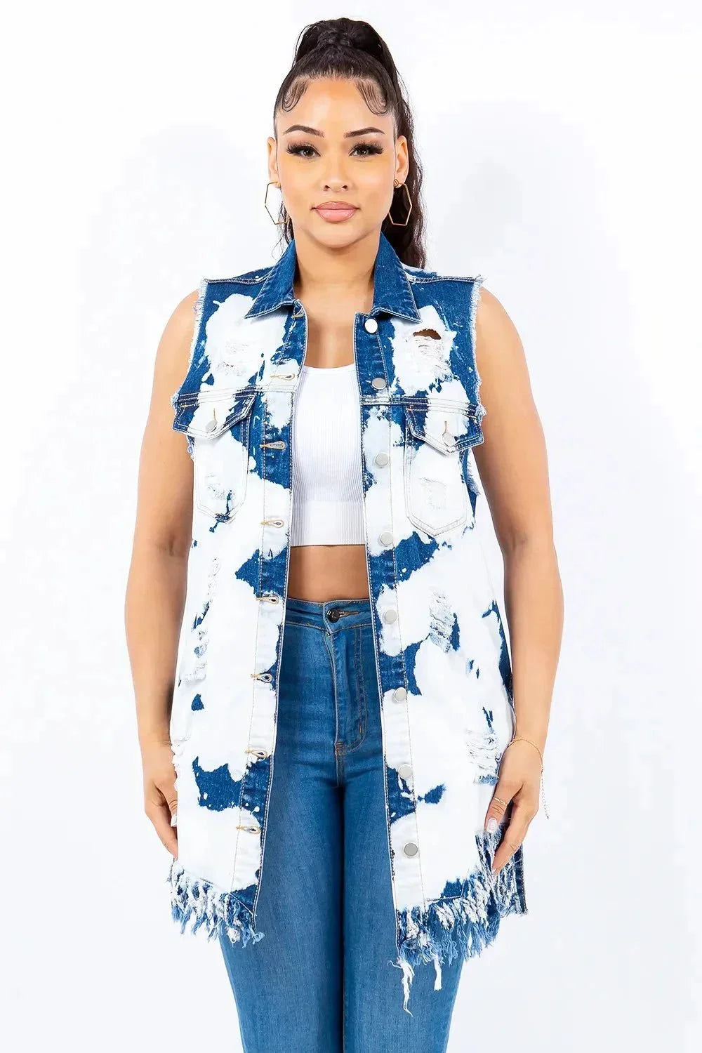 American Bazi Distressed Frayed Edge Longline Denim Vest - VILLA FASHION