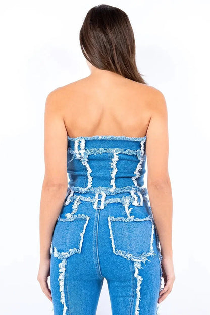 American Bazi Frayed Edge Denim Corset Top - VILLA FASHION