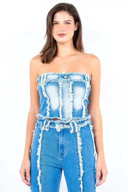 American Bazi Frayed Edge Denim Corset Top - VILLA FASHION