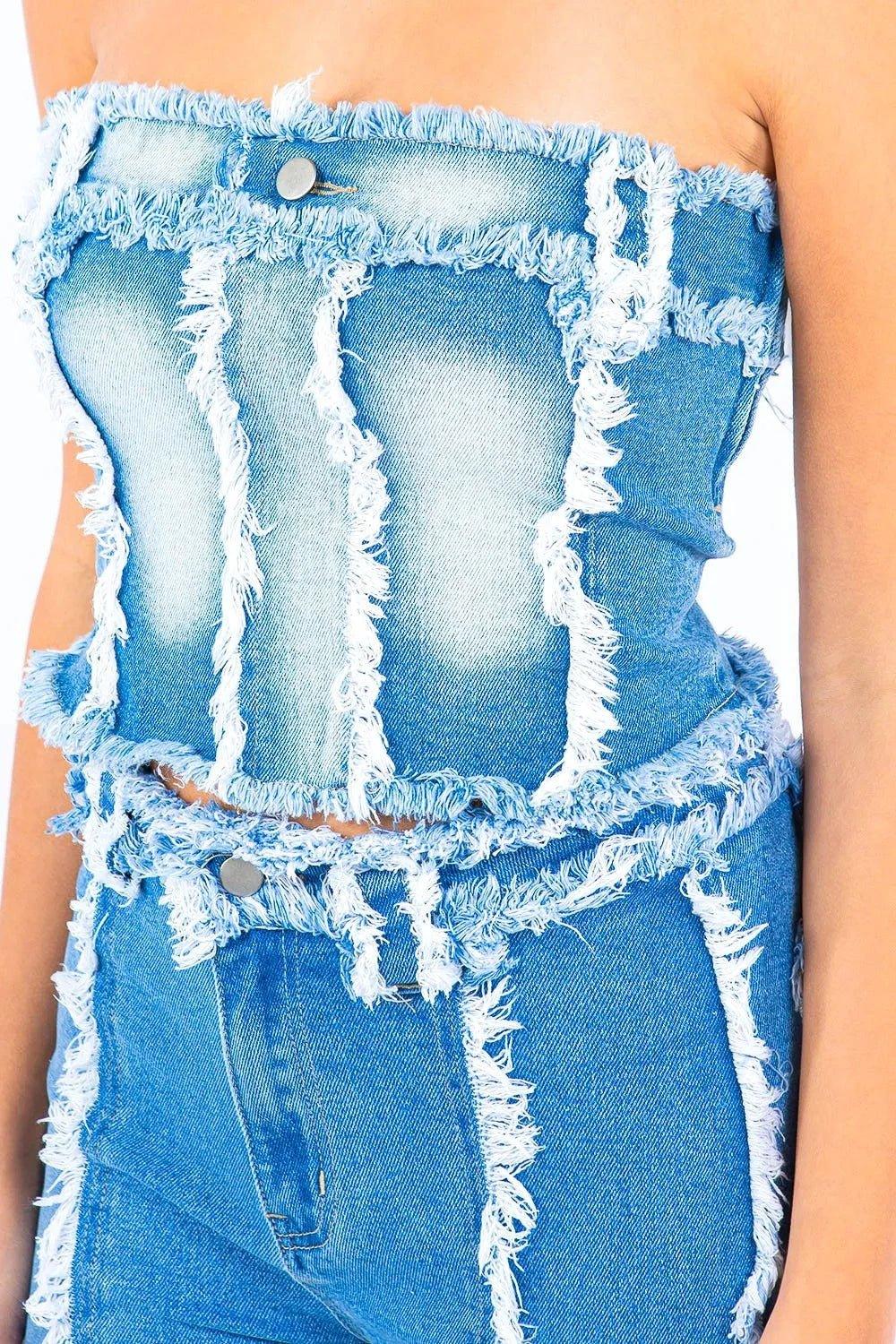 American Bazi Frayed Edge Denim Corset Top - VILLA FASHION
